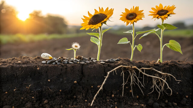 Sunflower growth stages from seed to bloom with sun and roots in soil.