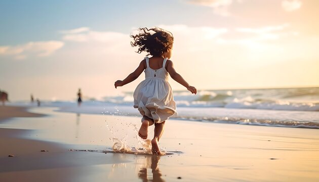 A girl with curly hair races along a sandy beach into the sunlight, the ocean waves shimmering in the background