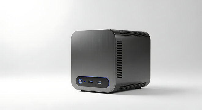 Compact sleek computer tower with modern design and blue accents isolated on transparent background transparent background