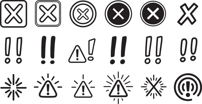 Warning signs and exclamation marks in black and white vector graphics for caution and alertness in modern design