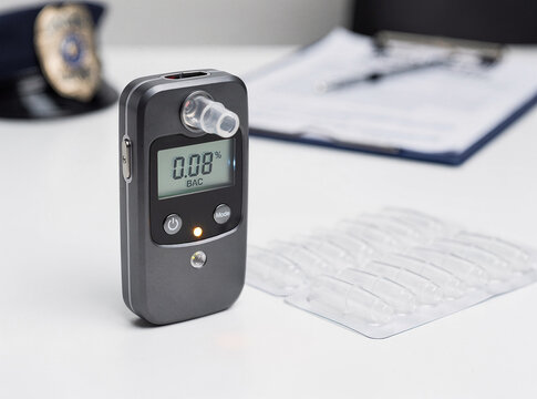 A police-grade breathalyzer device with a digital display and clear tube attachment, placed on top of a table next to police documents in an office setting.