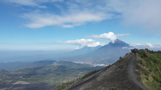 Scenic aerial view of pacaya volcano in guatemala. Hermosa Vista desde la cima del volc&aacute;n Pacaya en Guatemala. Dron aerial View 