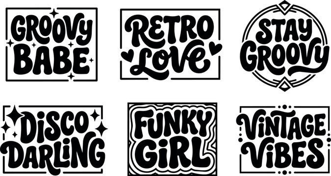Black and white retro groovy lettering set with funky girl disco darling vibes