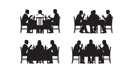 Fototapeta premium Four dining table scenes with people silhouettes at restaurants isolated on white background social gathering.