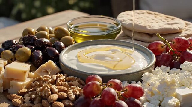 Middle Eastern Breakfast Platter - An assortment of foods, including feta cheese, grapes, olives, nuts, pita bread, and yogurt with honey, are arranged on a wooden platter.