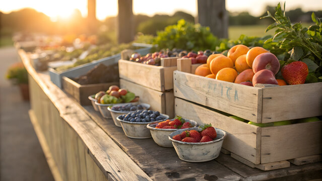 Fresh produce for sale at outdoor farmers market on sunny day, wood crates and bowls.