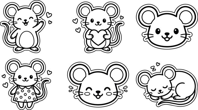 Cute black and white cartoon mouse faces and poses with hearts and dress