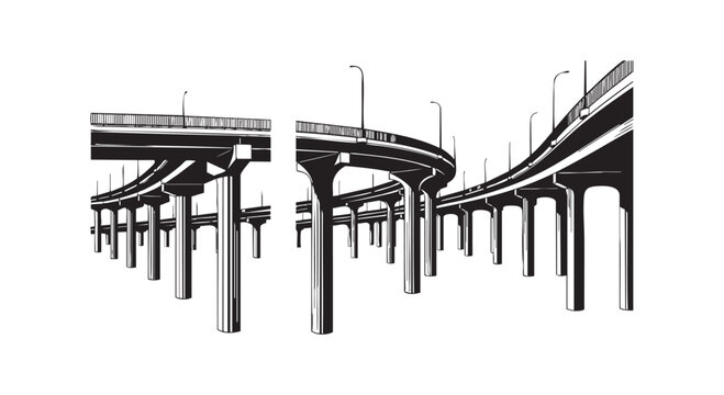 Highway overpass bridge architecture silhouette vector illustration urban infrastructure construction design with pillars.