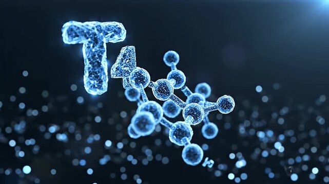 Thyroxine Molecule 3D Illustration - This video shows a close-up of a T4 thyroxine hormone molecule model floating in a blue highlighted space.