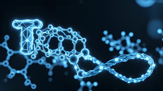 Molecular Structure Visualization - A computer-generated video shows a complex blue molecular structure against a dark background.