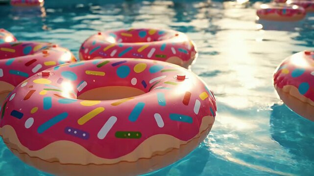 Donut Floats in Swimming Pool - Several pink inflatable donut floats with colorful sprinkles bob gently on the surface of a sunlit swimming pool.