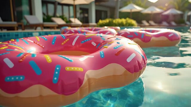 Donut Floats in Luxury Pool - A close-up shot shows two inflatable donut-shaped floats bobbing gently in a luxurious swimming pool.