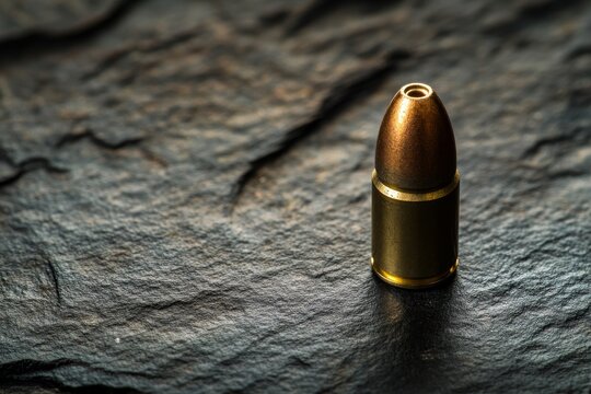 Close view of a 9mm bullet resting on a dark stone table highlighting military technology and firearm components