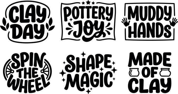 Black and white pottery joy clay day hand lettering phrases with decorative elements