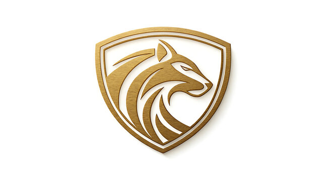 Gold wolf emblem shield logo with clean luxury animal design expressing strength and elegance
