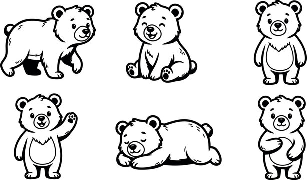 Black and white line art cute baby bears in various playful poses