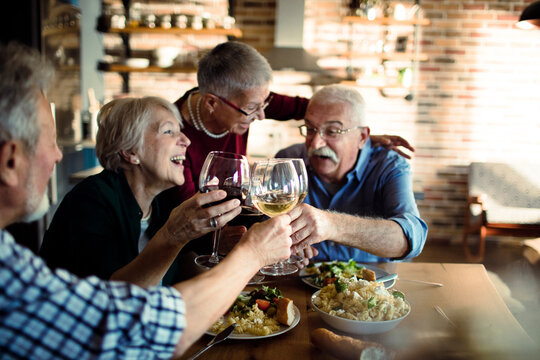 Senior friends toasting wine at cozy home dinner