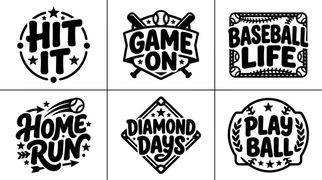 Black script lettering baseball phrases hit it game on home run diamond days play ball life