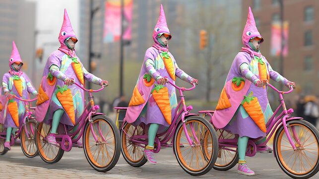 A group of people dressed as Easter bunnies, riding bicycles and wearing conical hats and carrot-themed outfits, cycling down a city street in a whimsical parade
