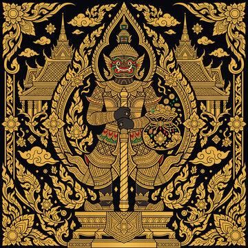 Detailed flat art vector illustration of a traditional Thai giant (Yaksha / Thao Vessavana) holding a club, acting as a temple guardian
