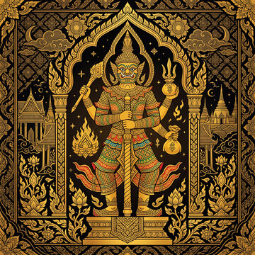 Detailed flat art vector illustration of a traditional Thai giant (Yaksha / Thao Vessavana) holding a club, acting as a temple guardian