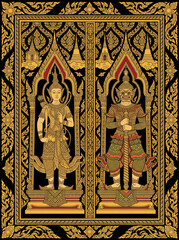 Fototapeta premium Detailed flat art vector illustration of traditional Thai temple doors featuring Dvarapala (door guardians). The double doors showcase a Thai deity (angel) and a Yaksha (giant demon) standing inside o