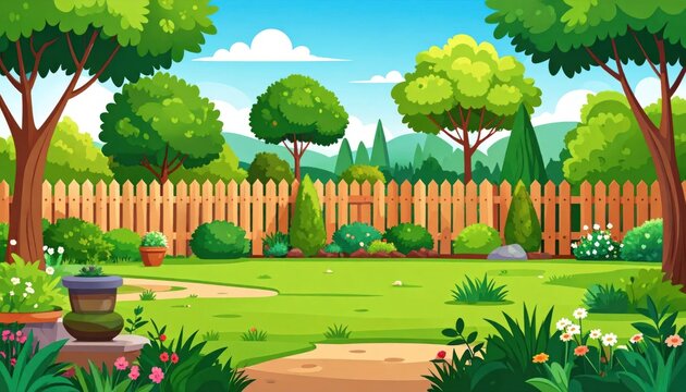 Beautifully manicured backyard garden with lush green lawn and wooden fence.