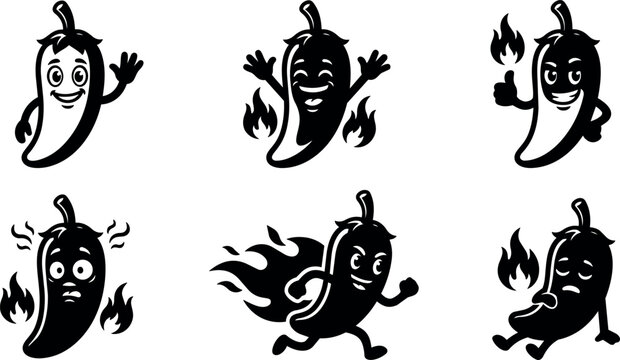 Black and white cartoon chili pepper characters with fire flames and varied expressions