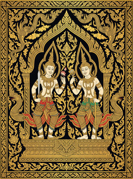 Detailed flat art vector illustration of traditional Thai temple doors featuring two Devas (angels) acting as Dvarapala (door guardians) inside an ornate archway