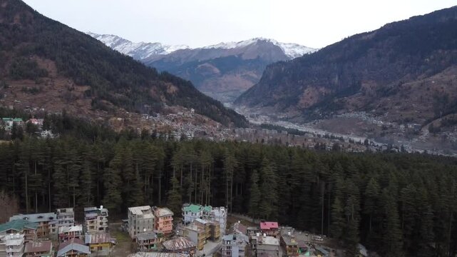 Aerial Perspective of Beas River Winding Through Deodar Forests Near Manali