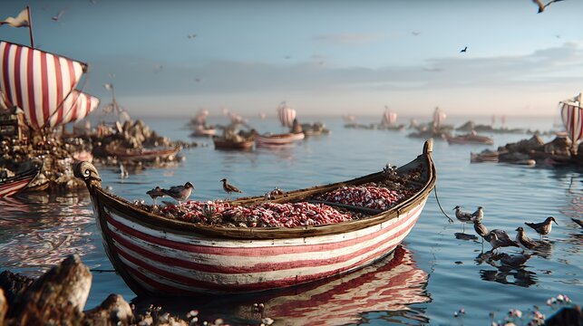 A fleet of viking ships are at sea, with one ship in the foreground full of fish, seagulls circle overhead, and small waves gently lap against the shore