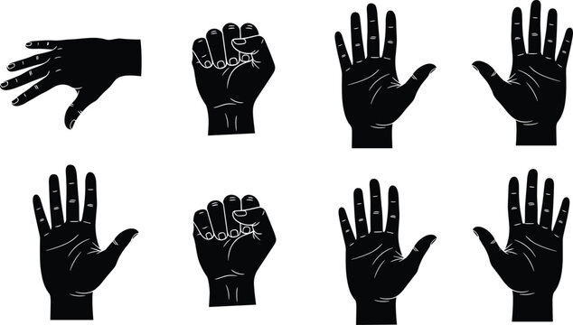 Hand gesture silhouettes set with open palm and fist isolated on white background for communication, sign language and human expression concepts