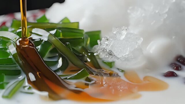 Pouring Sweet Syrup Over Refreshing Green Grass Jelly Dessert.