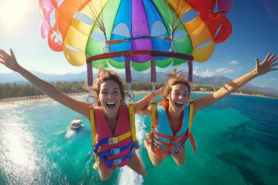 Young Woman Parasailing Above Ocean with Colorful Parachute, paragliding on the sea, paragliding on the beach, hot air balloon in the sea, hot air balloon on the beach, hot air balloon