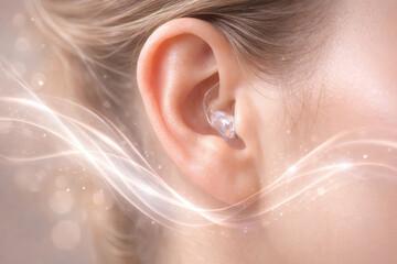 Fototapeta premium Macro beauty shot of a woman's ear with a nearly invisible hearing aid, glowing softly, surrounded by abstract flowing light waves representing sound, translucent particles,
