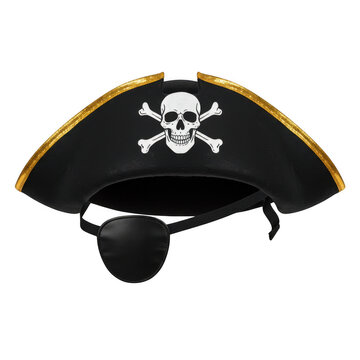 Pirate hat and eye patch set with skull and crossbones design isolated on transparent background