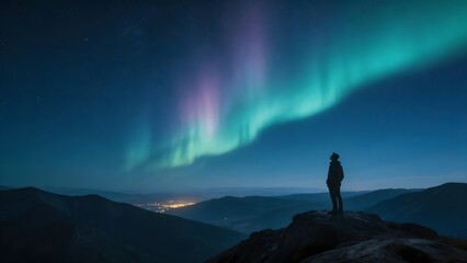 Fototapeta premium Person standing on mountain under northern lights