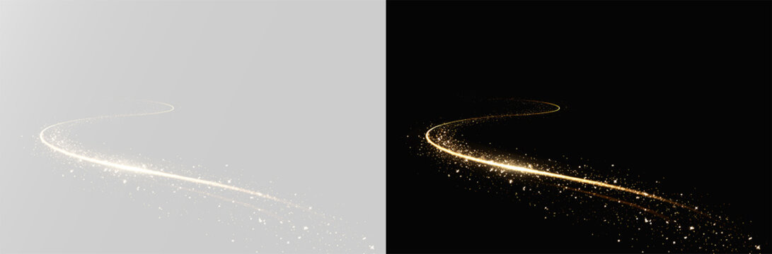 Elegant flowing golden light trail with magical glowing stardust and soft sparkles png