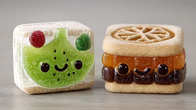 Two cute and quirky Japanese sweets, one green with a smiling face and the other brown with a layered design, placed side-by-side, representing fun and delicious treats