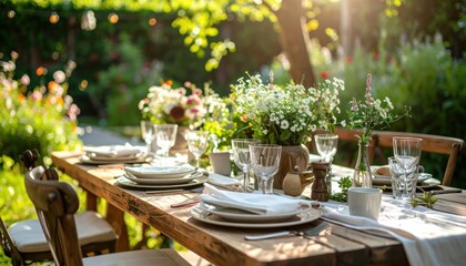 Fototapeta premium Beautifully Set Outdoor Dining Table in a Lush Garden at Sunset.
