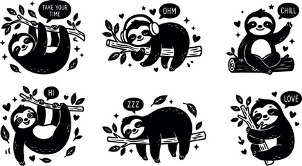 Fototapeta premium Six cute sloths with speech bubbles hugging and hanging on tree branches