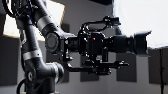 Robotic Arm Camera Rig - A camera is mounted on a robotic arm, recording with a red light indicator. The setup is in a studio setting with professional lighting.