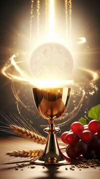 Sacred Communion Mystery: Corpus Christi, holy feast, body blood, divine grace, eucharist wafer, sacred chalice, wheat grain, grape bunch, spiritual light, religion ritual.