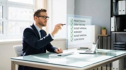 Naklejka premium Professional Man Working On Futuristic Digital Checklist With Holographic Interface