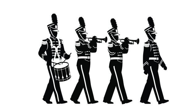 A striking depiction of a marching band composed of four musicians in uniform playing brass instruments and a drum silhouette high quality professional detailed