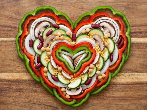 Heart Shape with Peppers, Onions, Zucchini, Mushrooms and Beans for Health Concept
