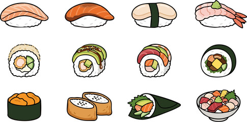 Sushi and rolls vector set, japanese cuisine icons collection © Мария Смирнова