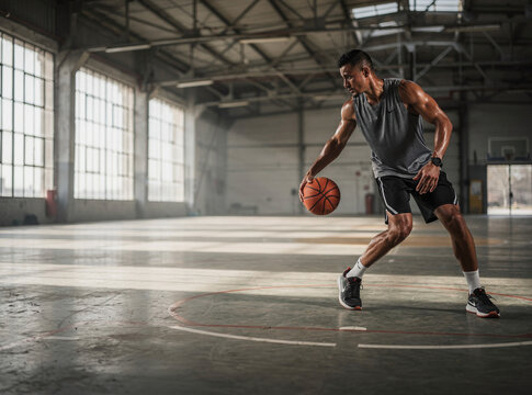 A basketball player dribbling a ball on an indoor court with large windows.