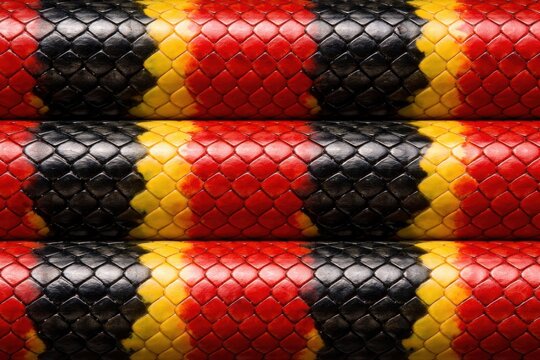 Eastern Coral Snake Skin Scales Seamless Pattern. Close-up coral snake banded scale detail. Venomous reptile skin surface design. Realistic snake skin texture background. Detailed serpent macro.
