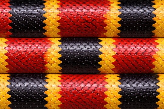 Eastern Coral Snake Skin Scales Seamless Pattern. Close-up coral snake banded scale detail. Venomous reptile skin surface design. Realistic snake skin texture background. Detailed serpent macro.